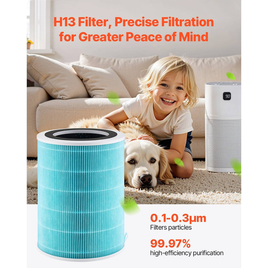 Blue H13 air purifier filter replacement with black top and side seams, shown for use