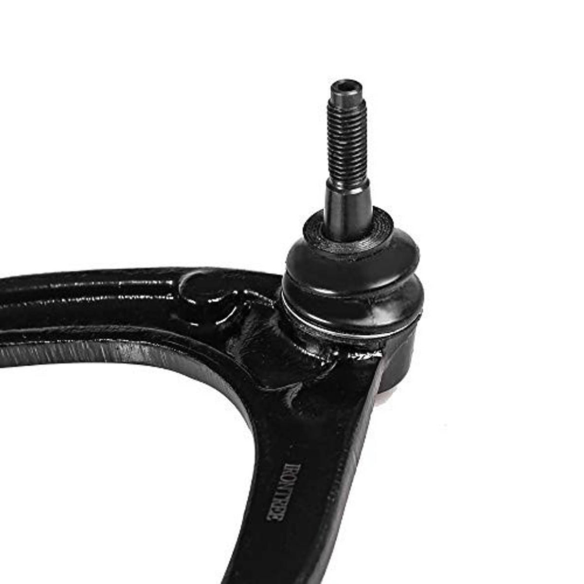 Ball joint stud on black control arm, threaded stud and fastener area visible