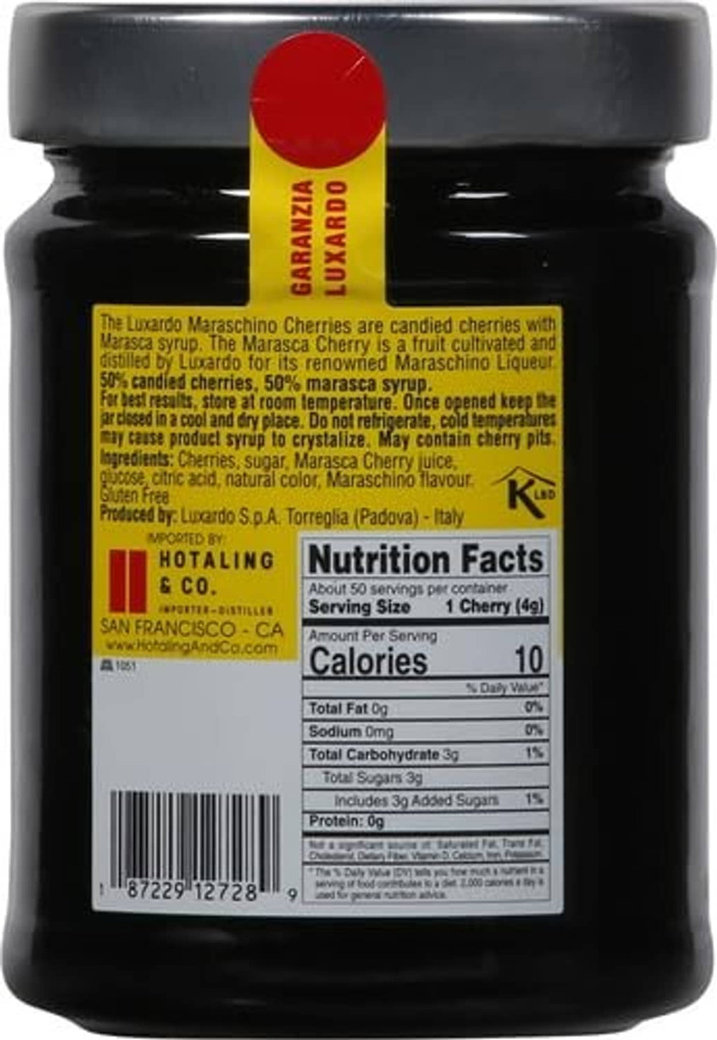 Luxardo maraschino cherries back label with Nutrition Facts