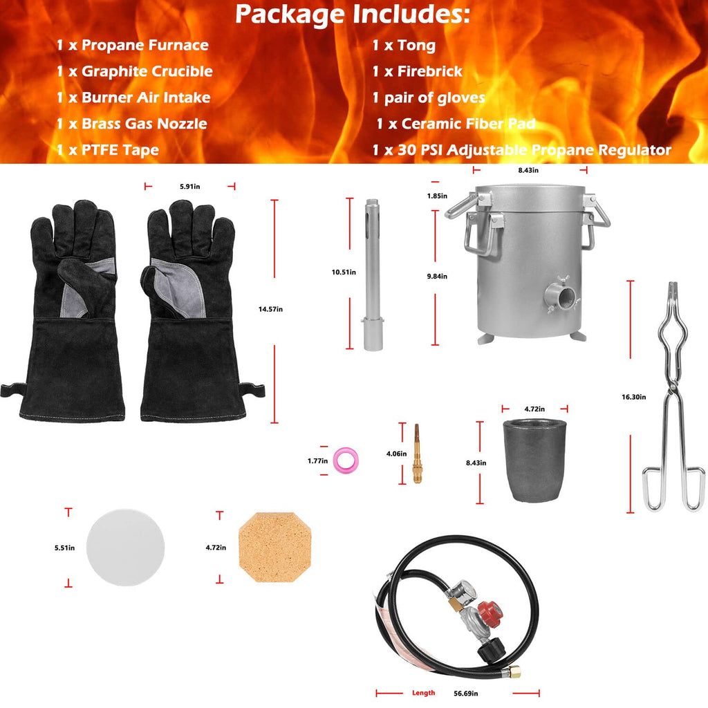 Propane smelting furnace kit with gloves, regulator hose, crucible, burner parts