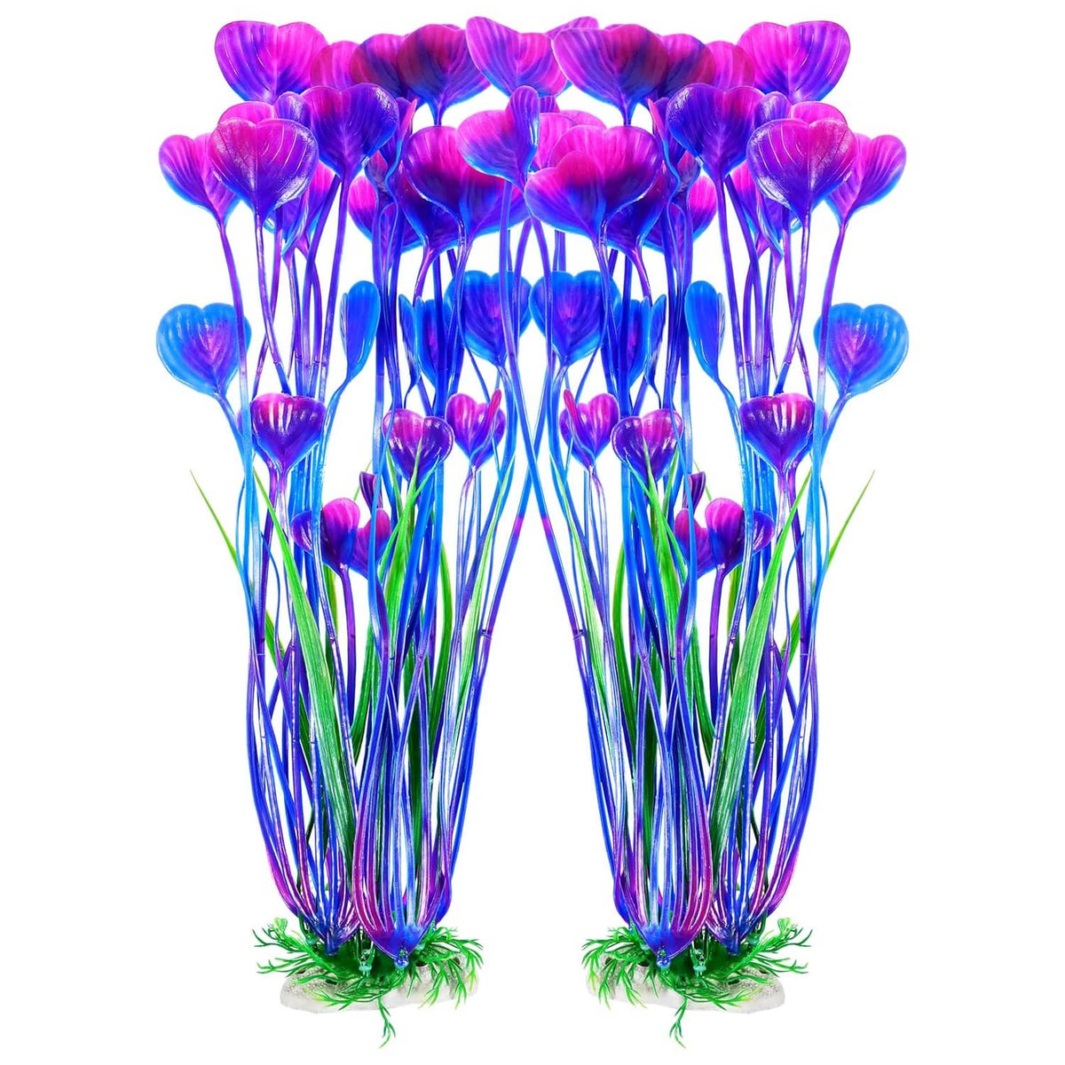 Purple and blue artificial aquarium plant cluster with green base