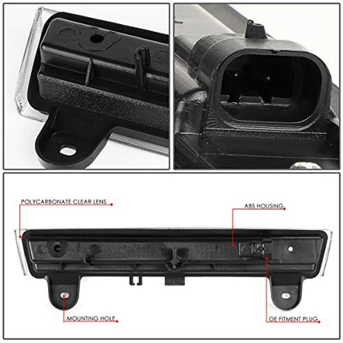 Technical view of black LED brake light housing with clear polycarbonate lens