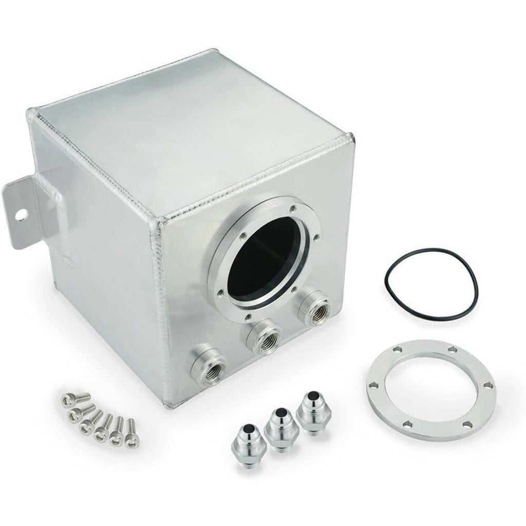 Aluminum fuel surge tank kit with mounting bracket, AN fittings, and gasket, silver