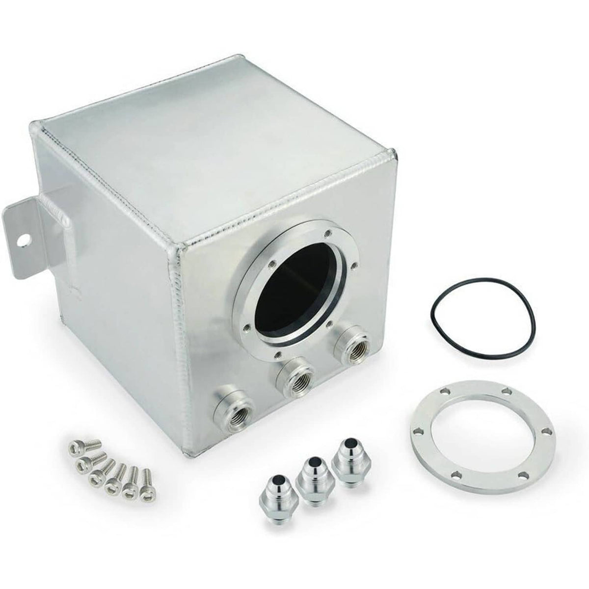 Aluminum fuel surge tank kit with mounting bracket, AN fittings, and gasket, silver