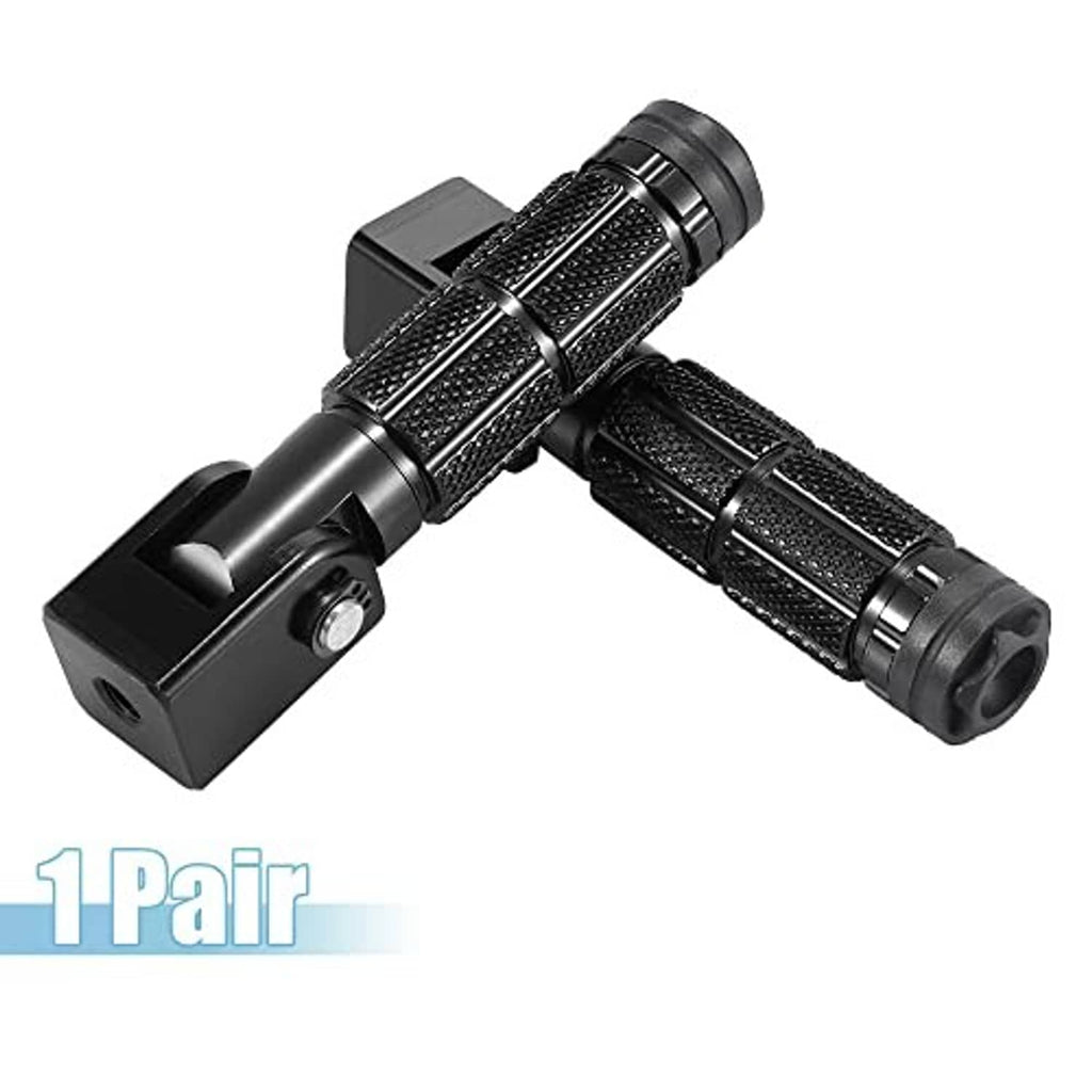 Pair of black folding motorcycle rearset pegs, angled view with textured grips