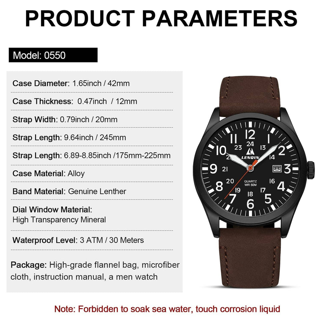 Men's analog watch product details with brown leather strap on black dial