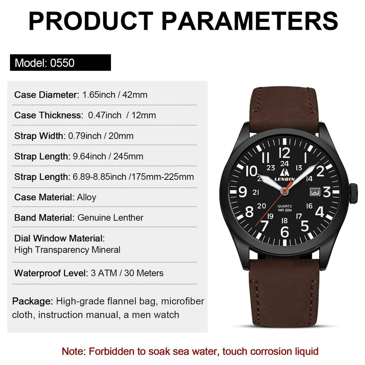 Men's analog watch product details with brown leather strap on black dial