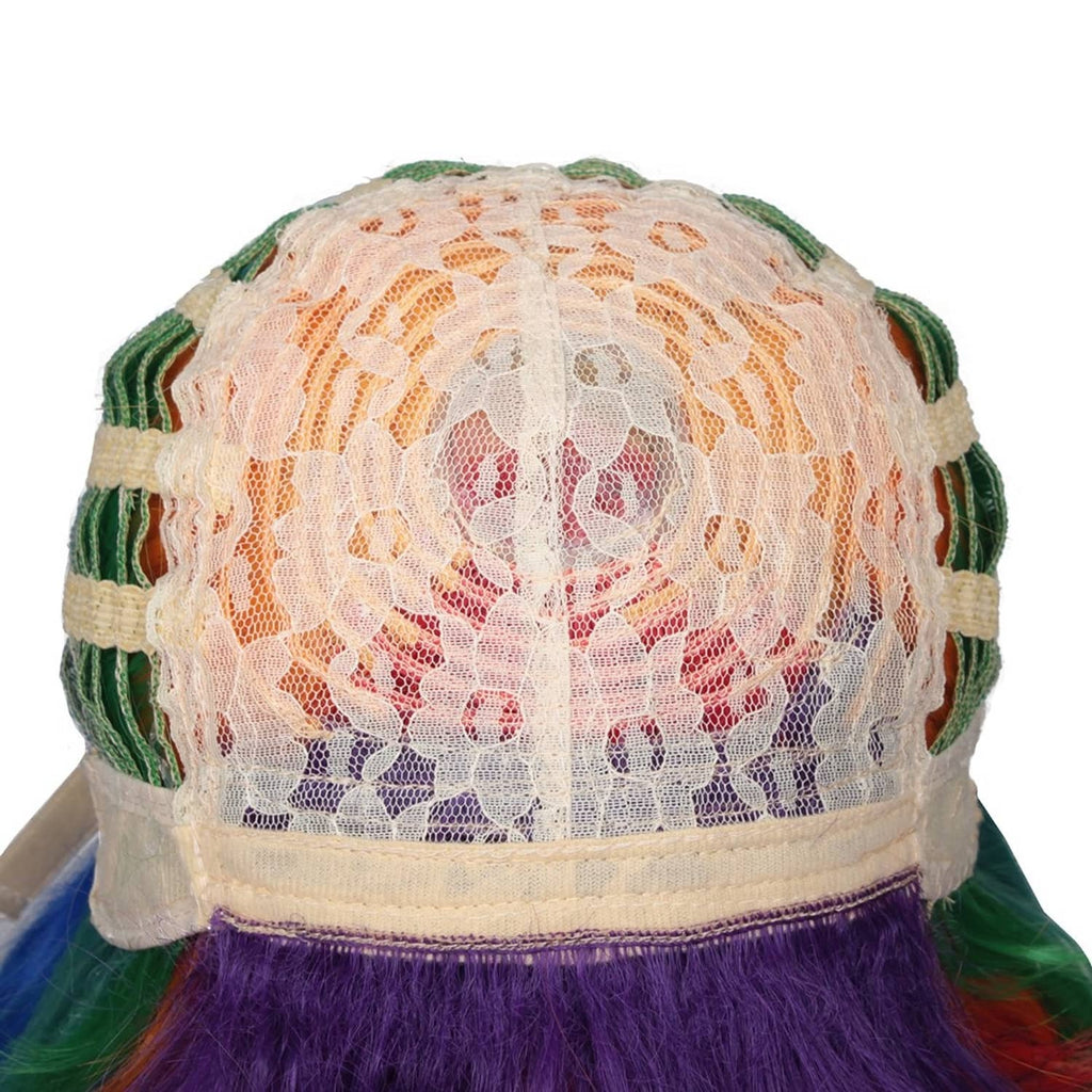 Cosplay wig cap with mesh and elastic bands, light beige top with green accents