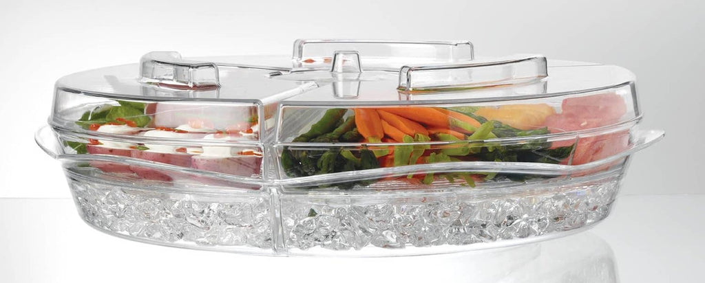 Clear 16-inch round appetizer ice tray with two lids and divided compartments of food