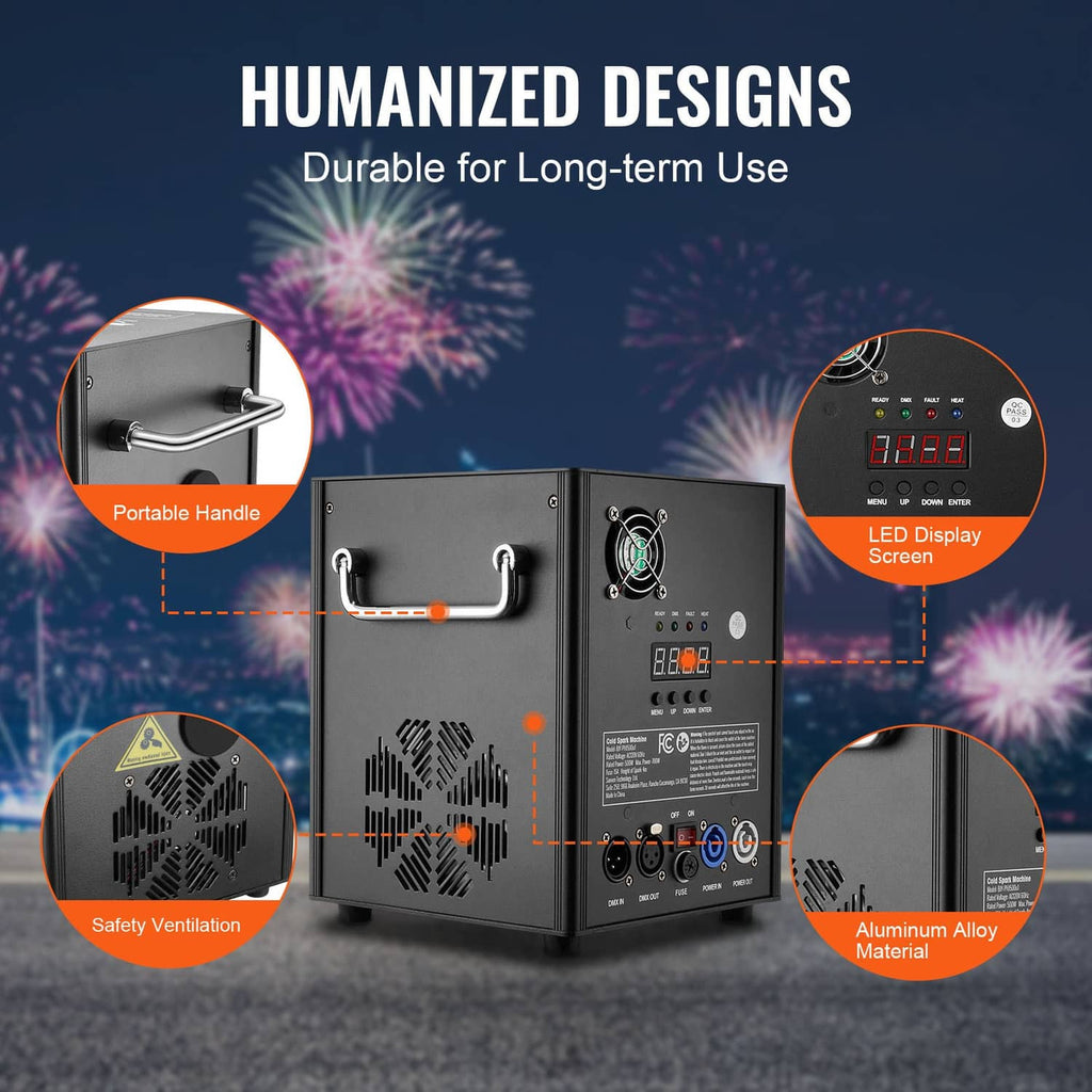 Black cold spark machine with portable handle, LED display panel, and ventilation vents