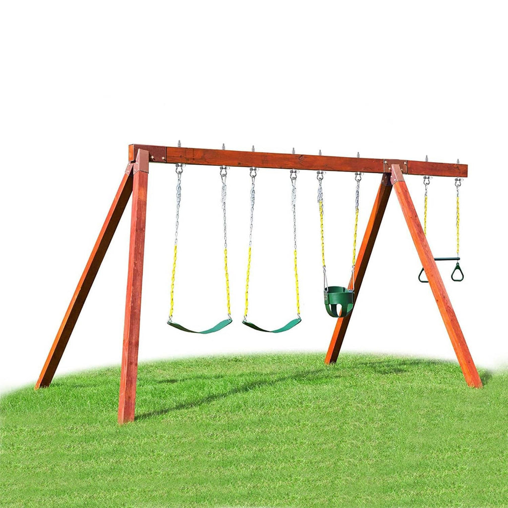 Stainless steel swing hanger with hooks on a wooden outdoor swing frame
