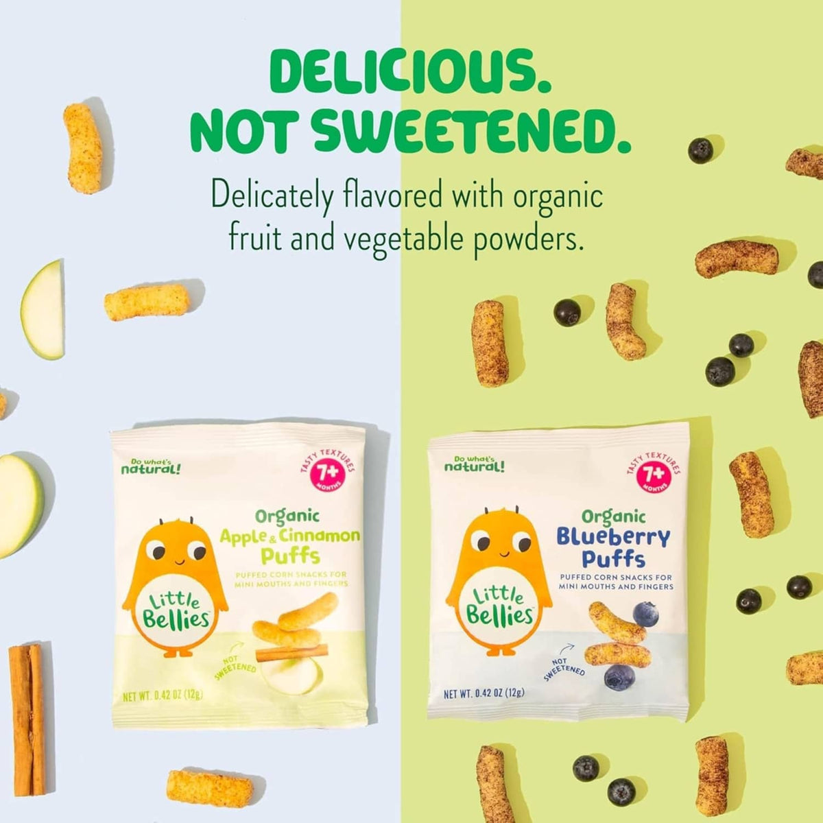 Little Bellies organic puffs bags with fruit-and-vegetable flavors graphic, not sweetened