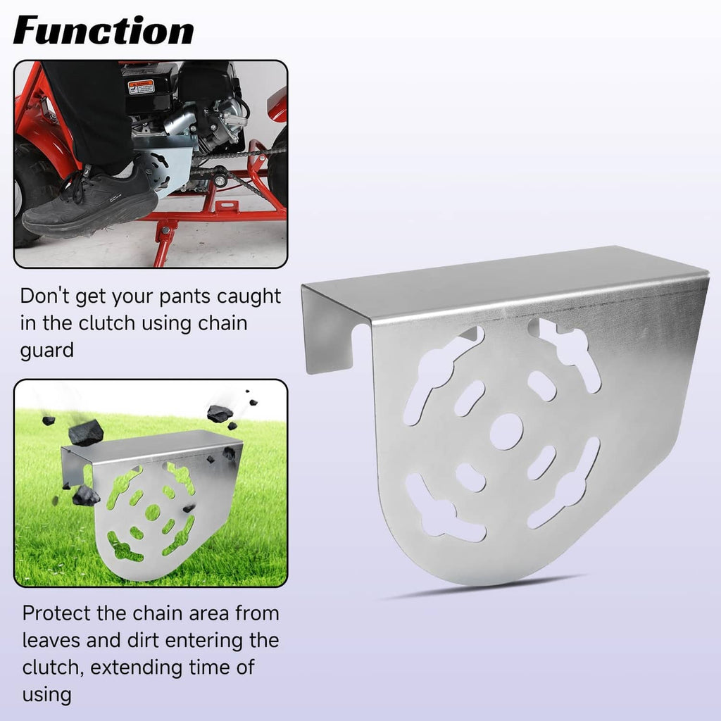 Silver mini bike clutch chain guard shield to help prevent pants from catching the chain