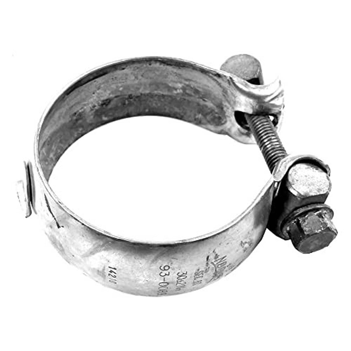 Exhaust clamp screw band with hex bolts, silver metal, stamped numbers