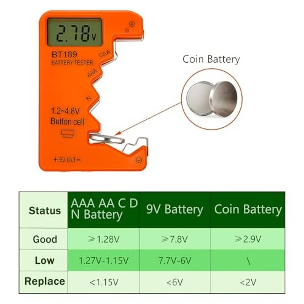 Orange battery tester showing 2.78V with battery type testing indicators