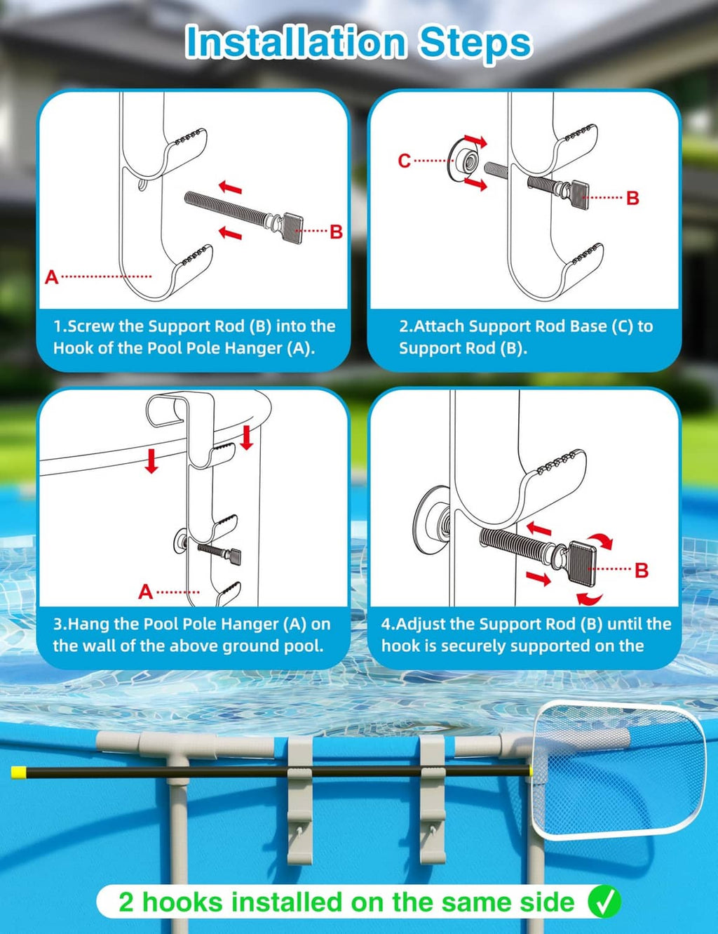 Pool pole hanger installation shown with support rod base and three hooks