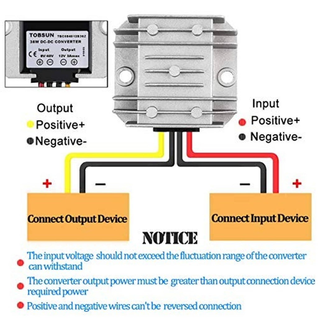 DC buck-boost converter wiring diagram with labeled input positive and negative terminals