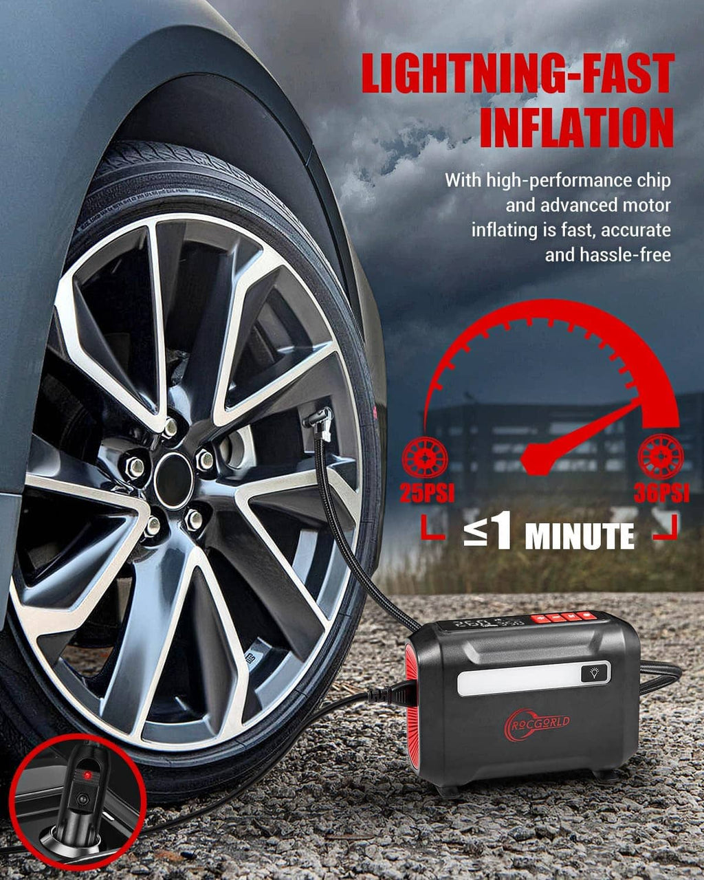 Portable 12V tire inflator with LCD display connected to a car tire valve.