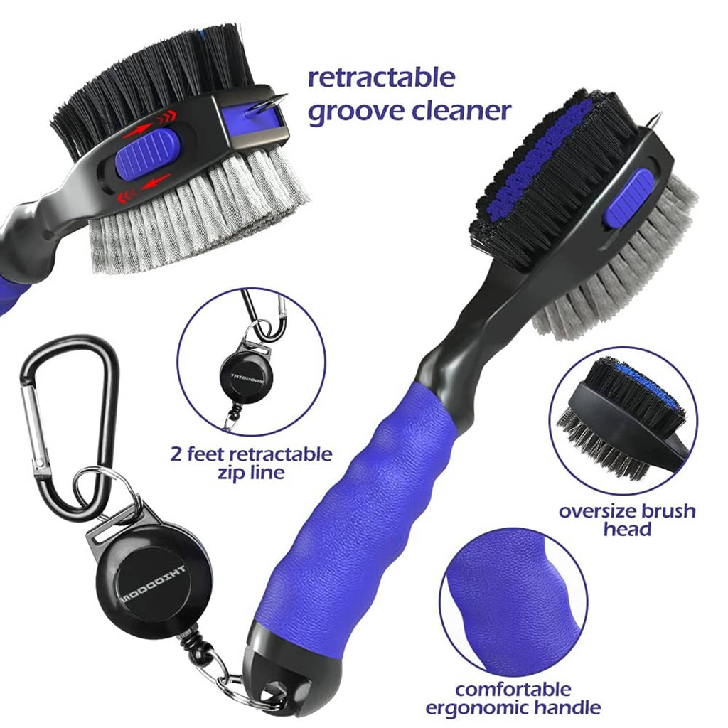 Retractable groove cleaner golf club brush with oversized bristle head, black and blue