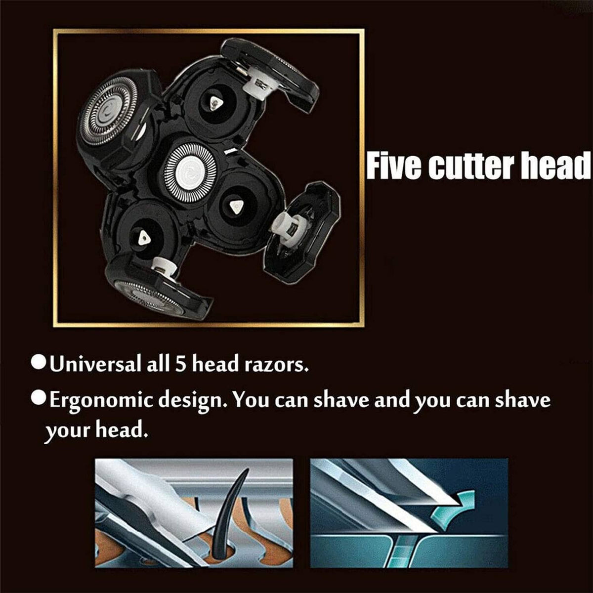 Five-cutter electric razor replacement head set with multiple snap-on modules