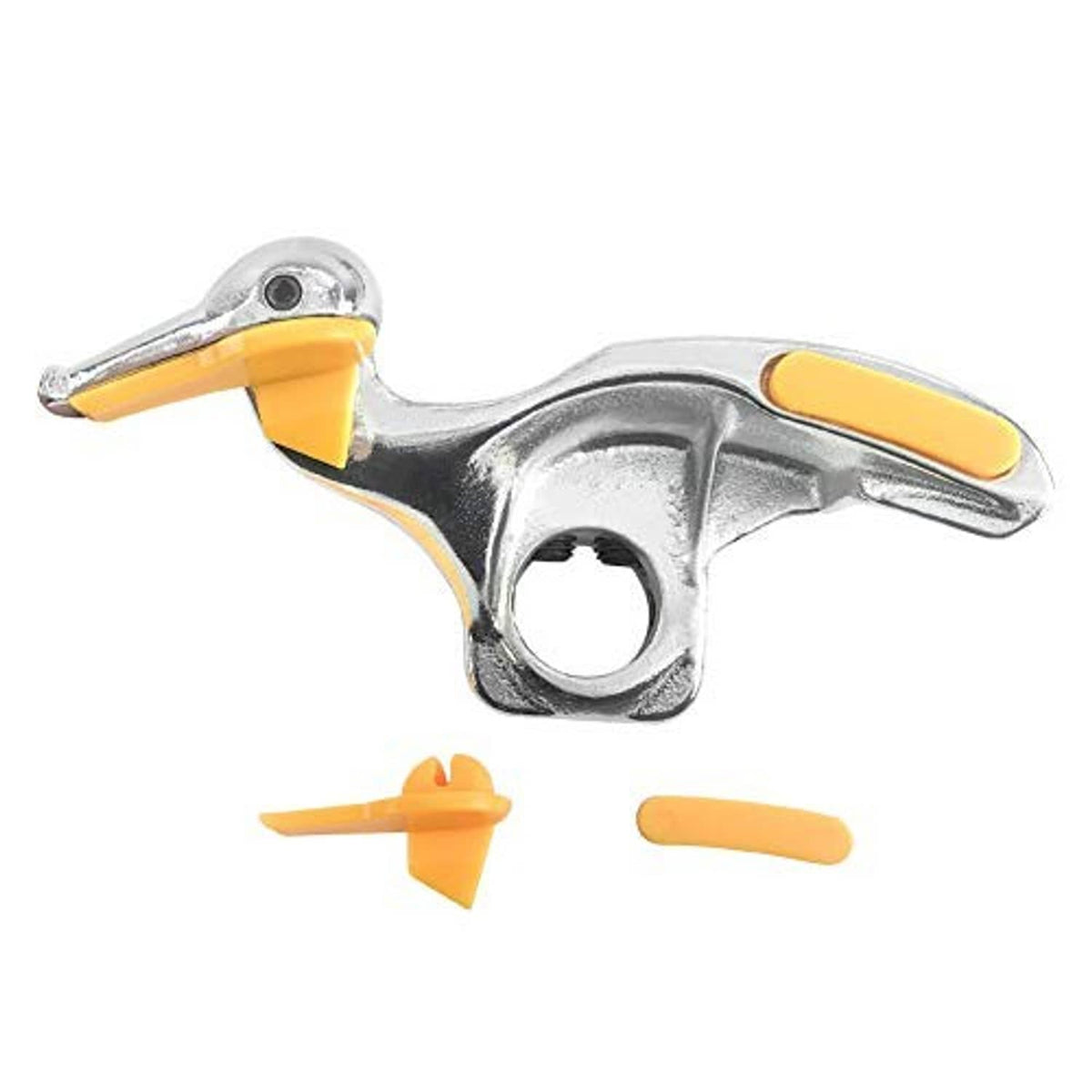 Tire changer duck head tool with yellow handle grips, plus two small yellow plastic insert parts