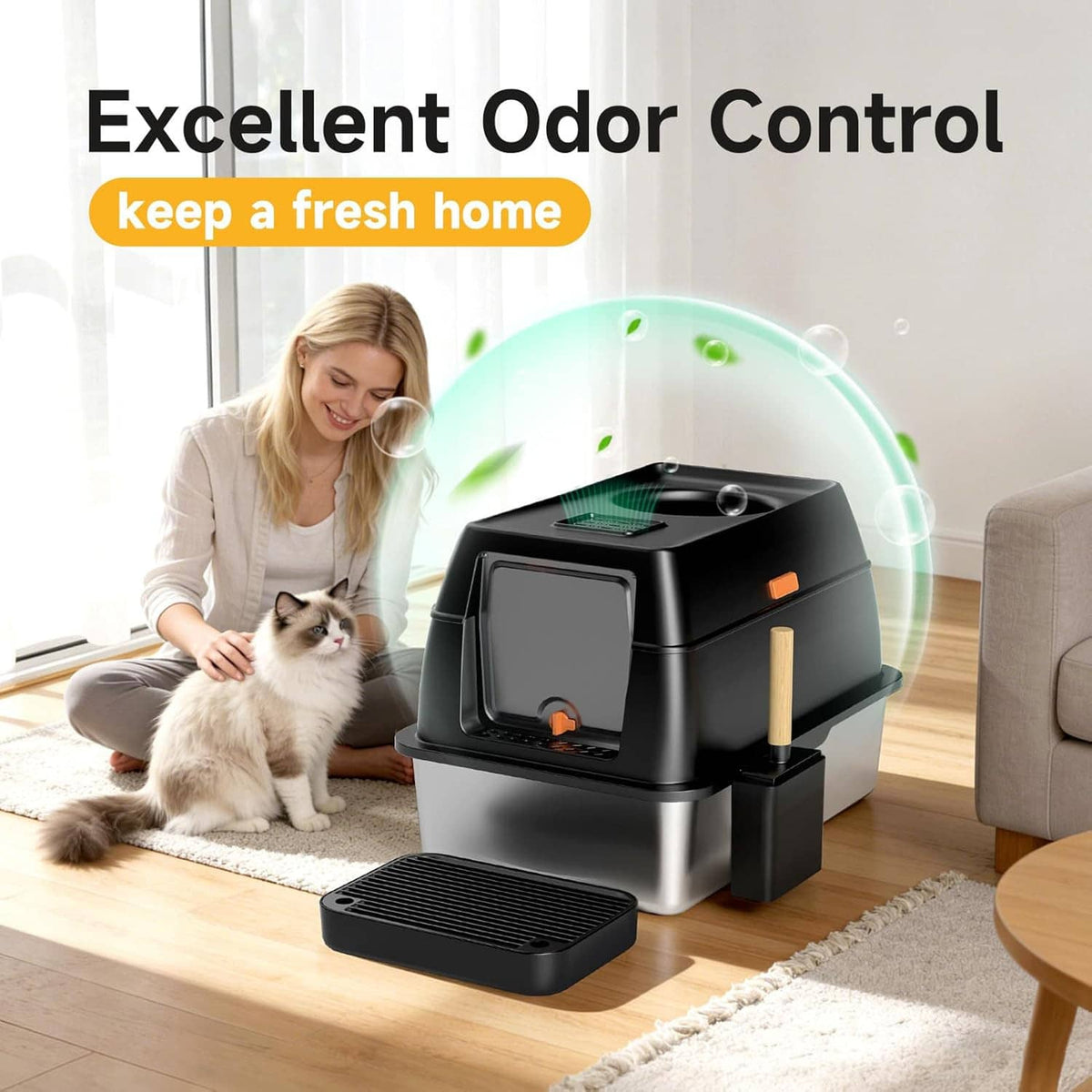 Enclosed cat litter box with lid, front opening, and black litter tray with scoop