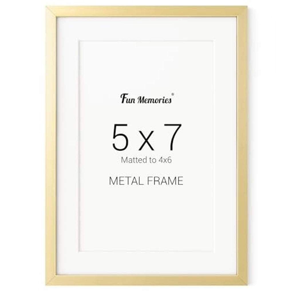 Gold 5x7 metal photo frame with centered white mat, front view