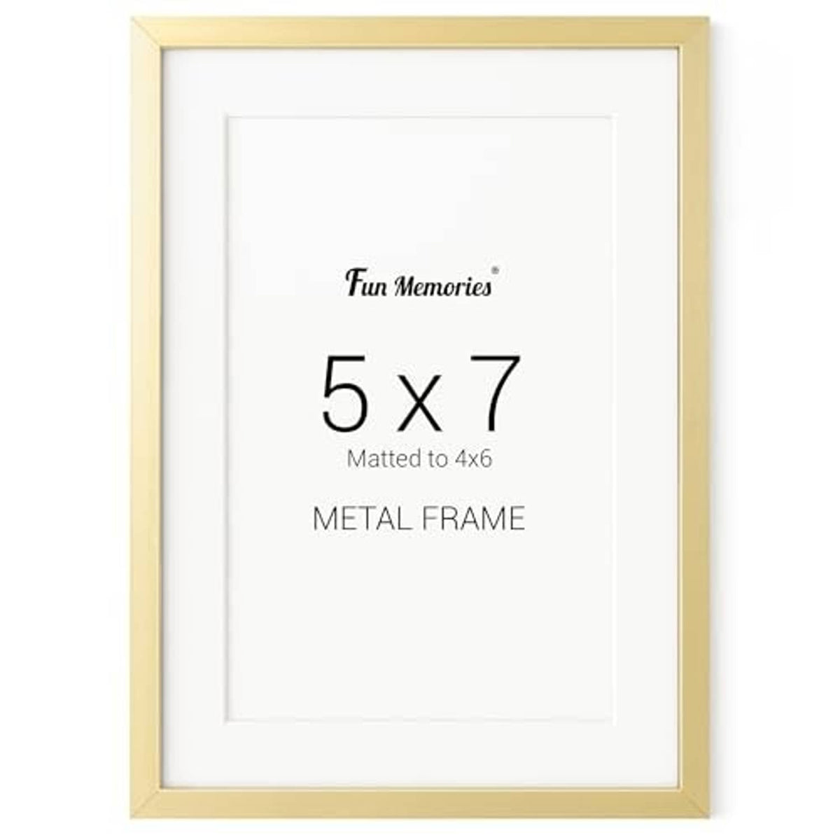 Gold 5x7 metal photo frame with centered white mat, front view