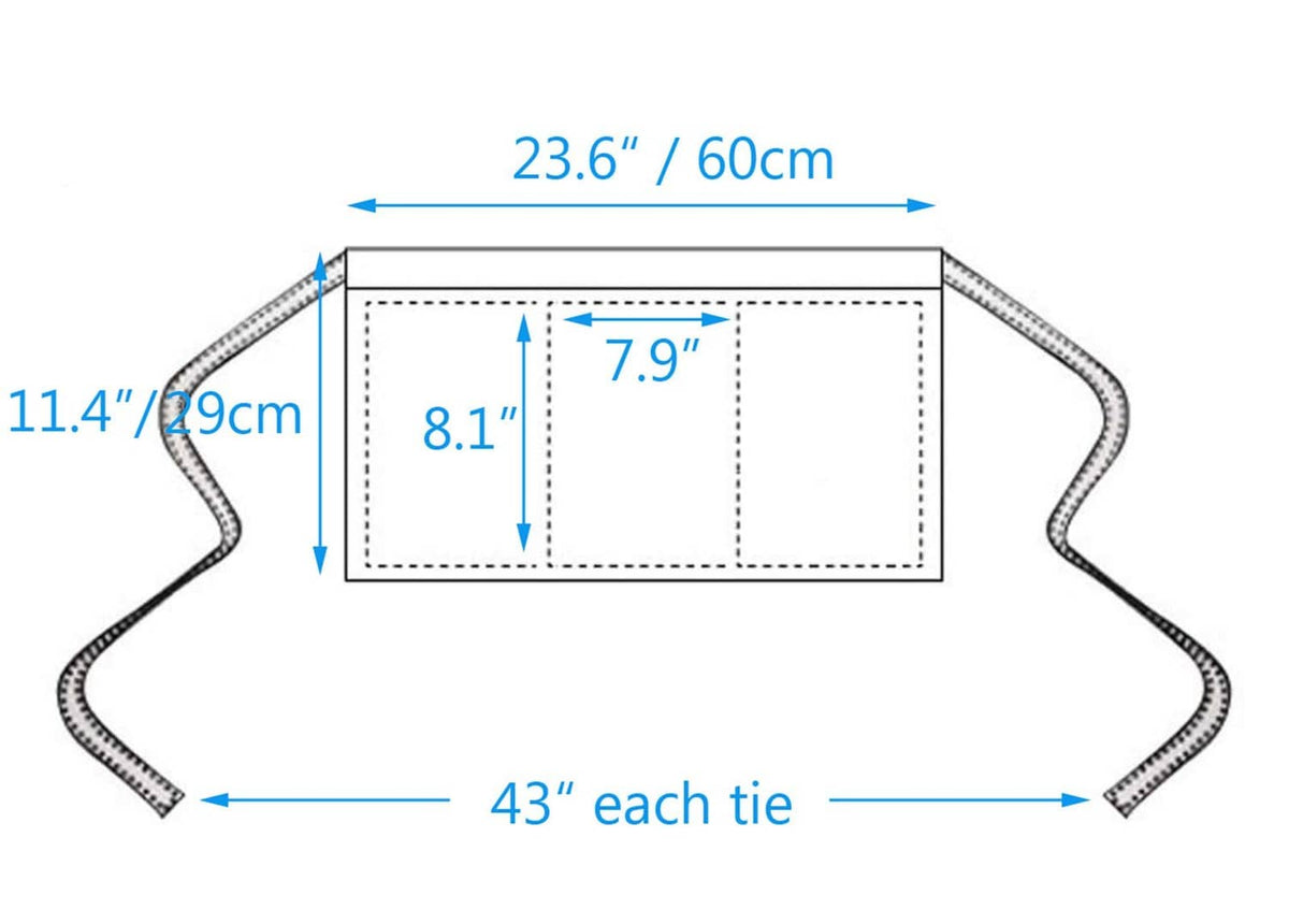 Waist apron measurement diagram showing 23.6 in width and 43 in each tie