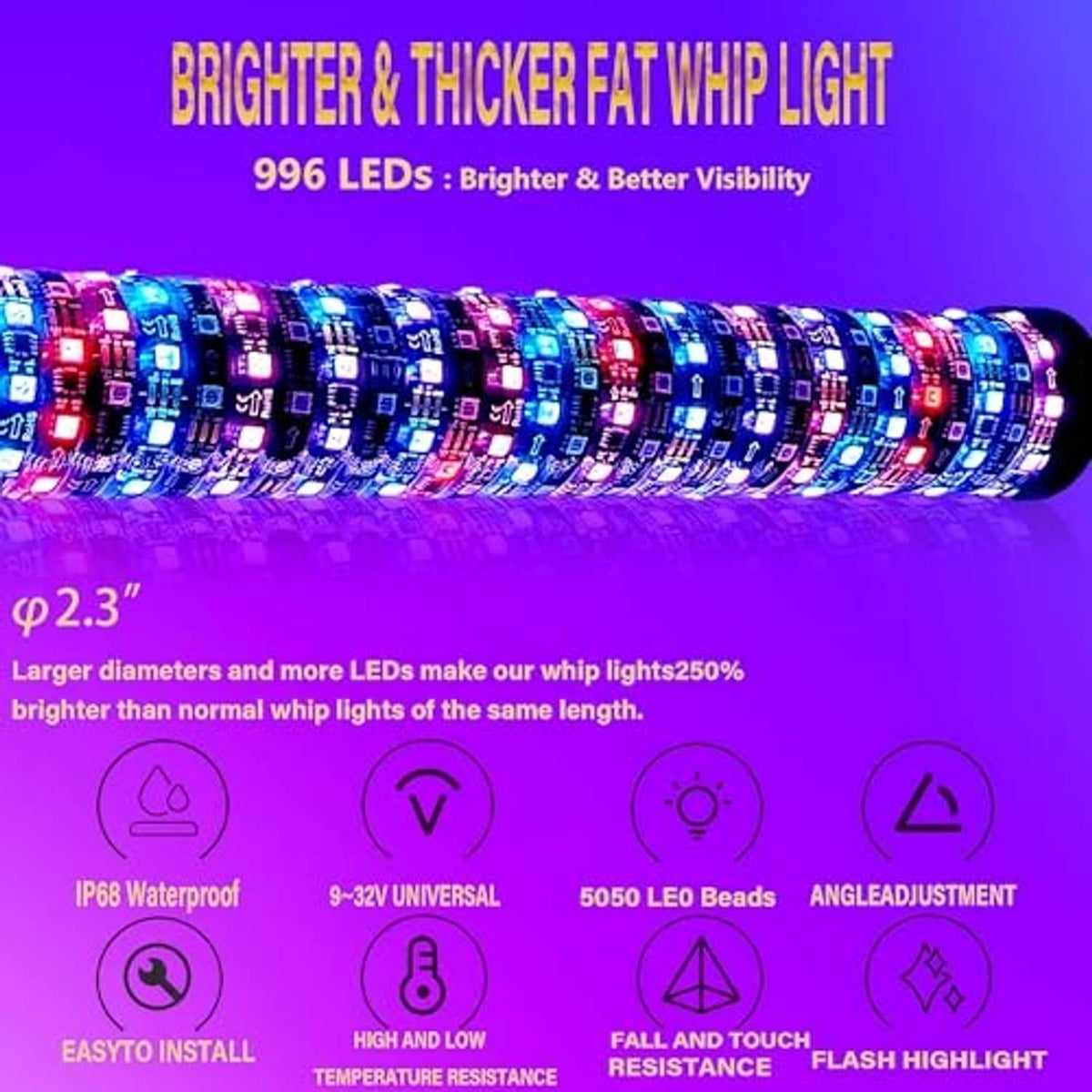 RGB LED whip light spiral tube glowing in bright multicolor bands.