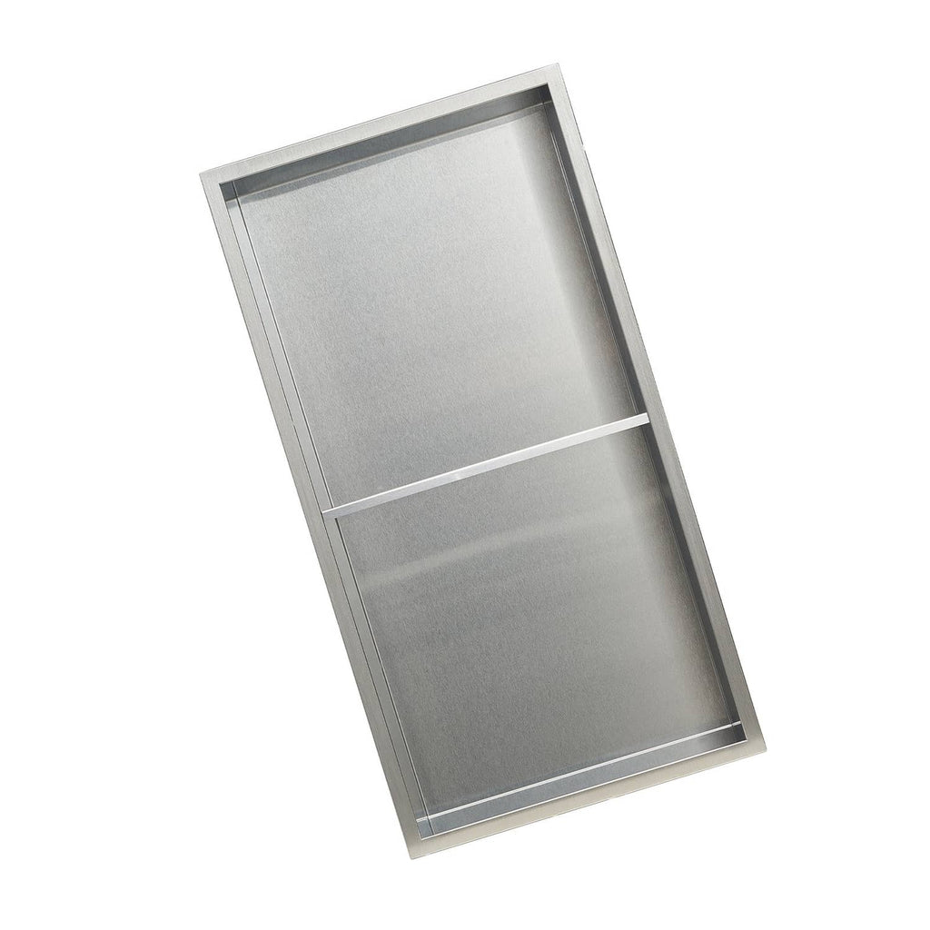 Recessed stainless steel shower wall niche shelf, brushed silver rectangle with inner ledge