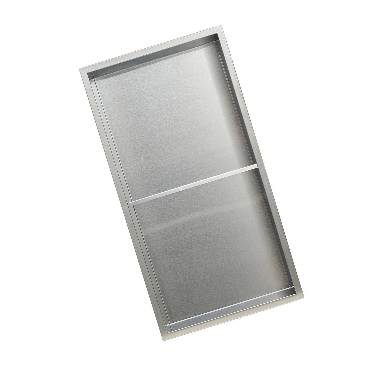 Recessed stainless steel shower wall niche shelf, brushed silver rectangle with inner ledge