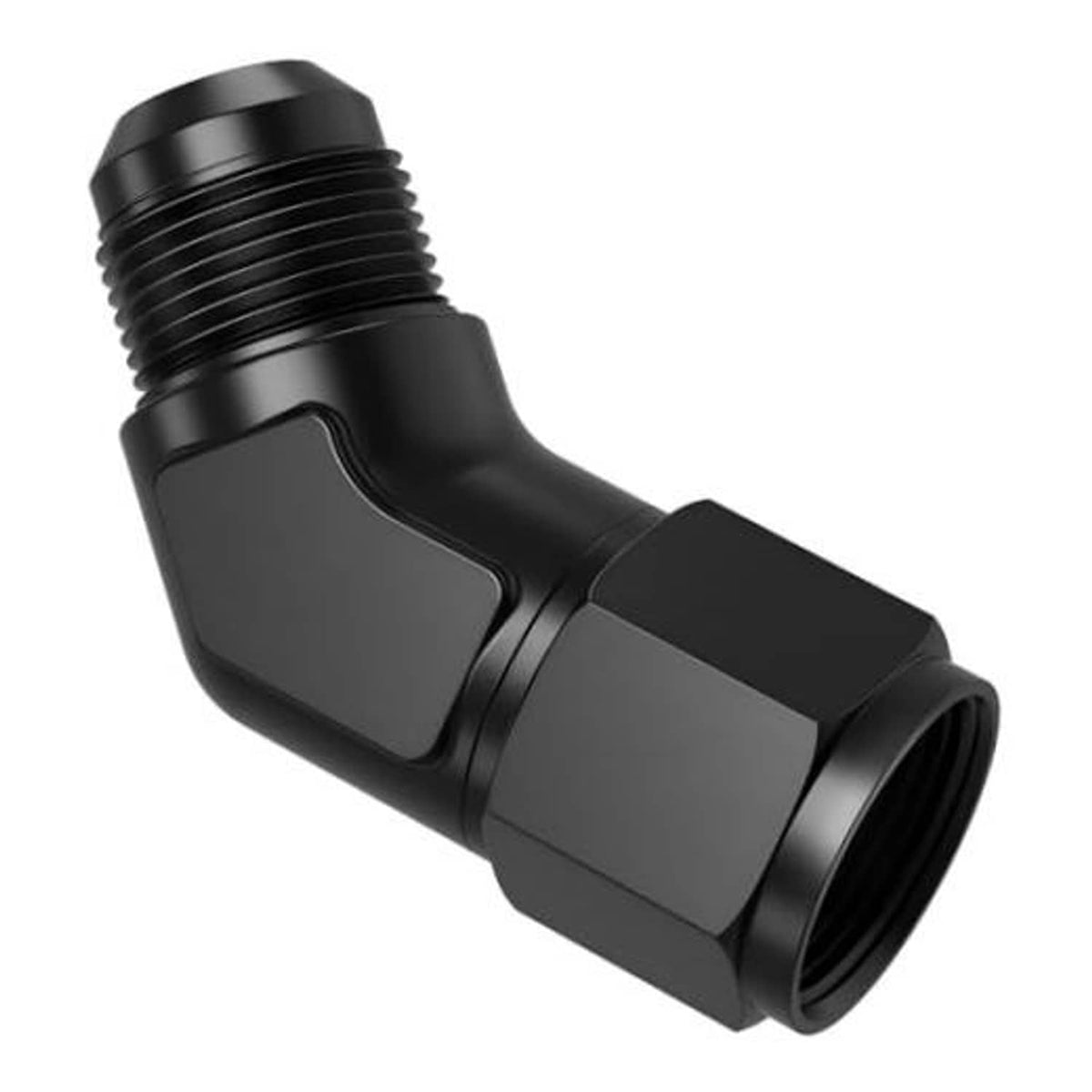Black 45-degree AN flare elbow swivel fitting adapter with hex nut and threaded ports