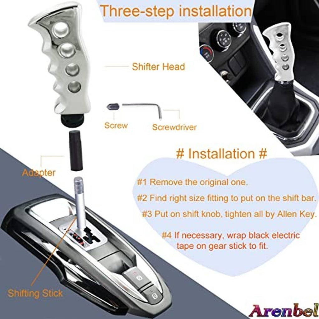 Silver shift knob replacement with black sleeves, hex key, and installation diagram background