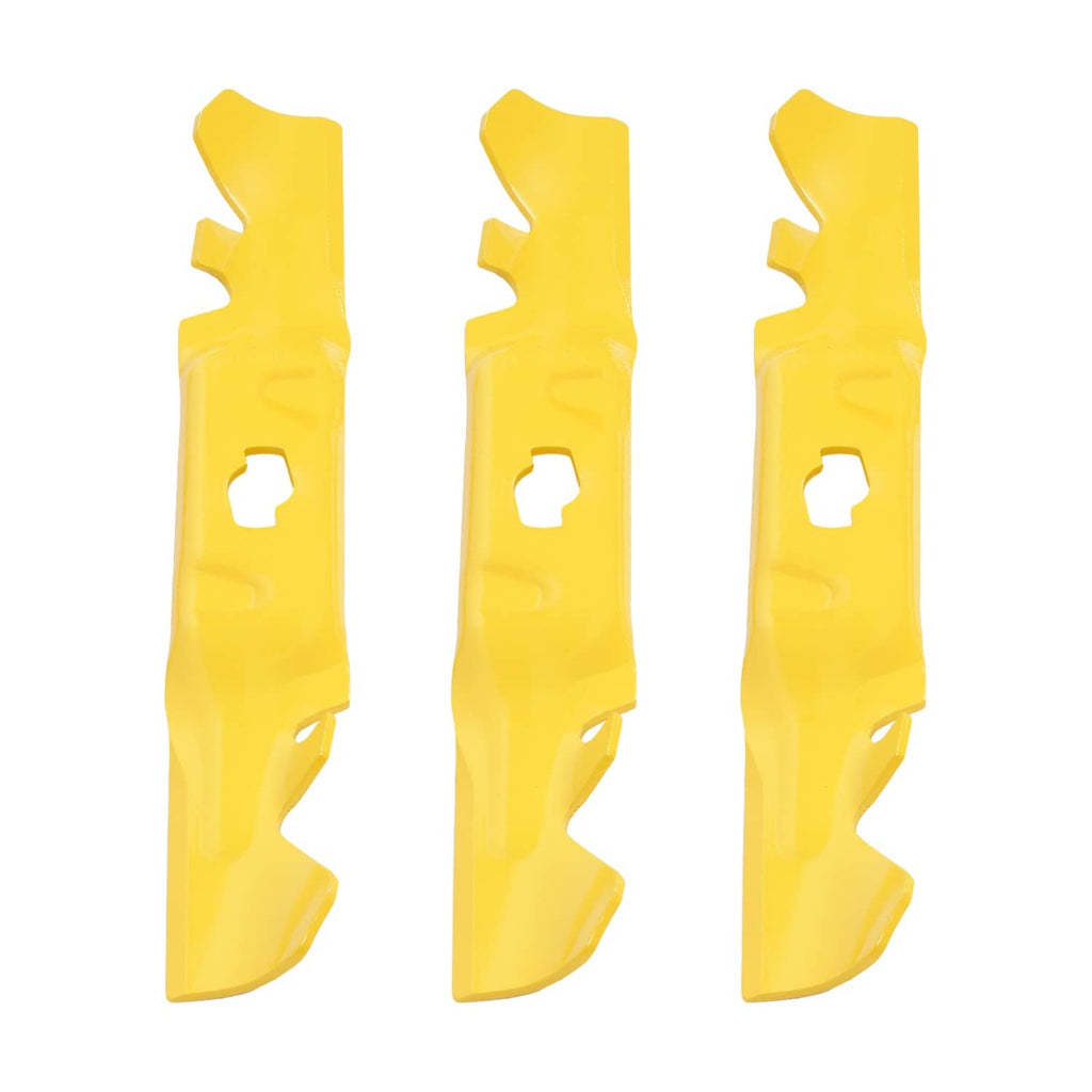 Yellow mulching blades, three-piece set shown upright with center mounting holes