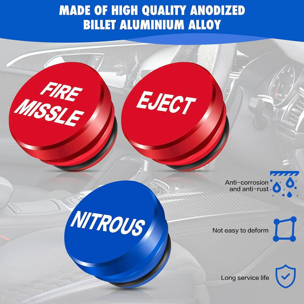 Billet aluminum cigarette lighter covers: blue NITROUS, red FIRE MISSILE, red EJECT caps.