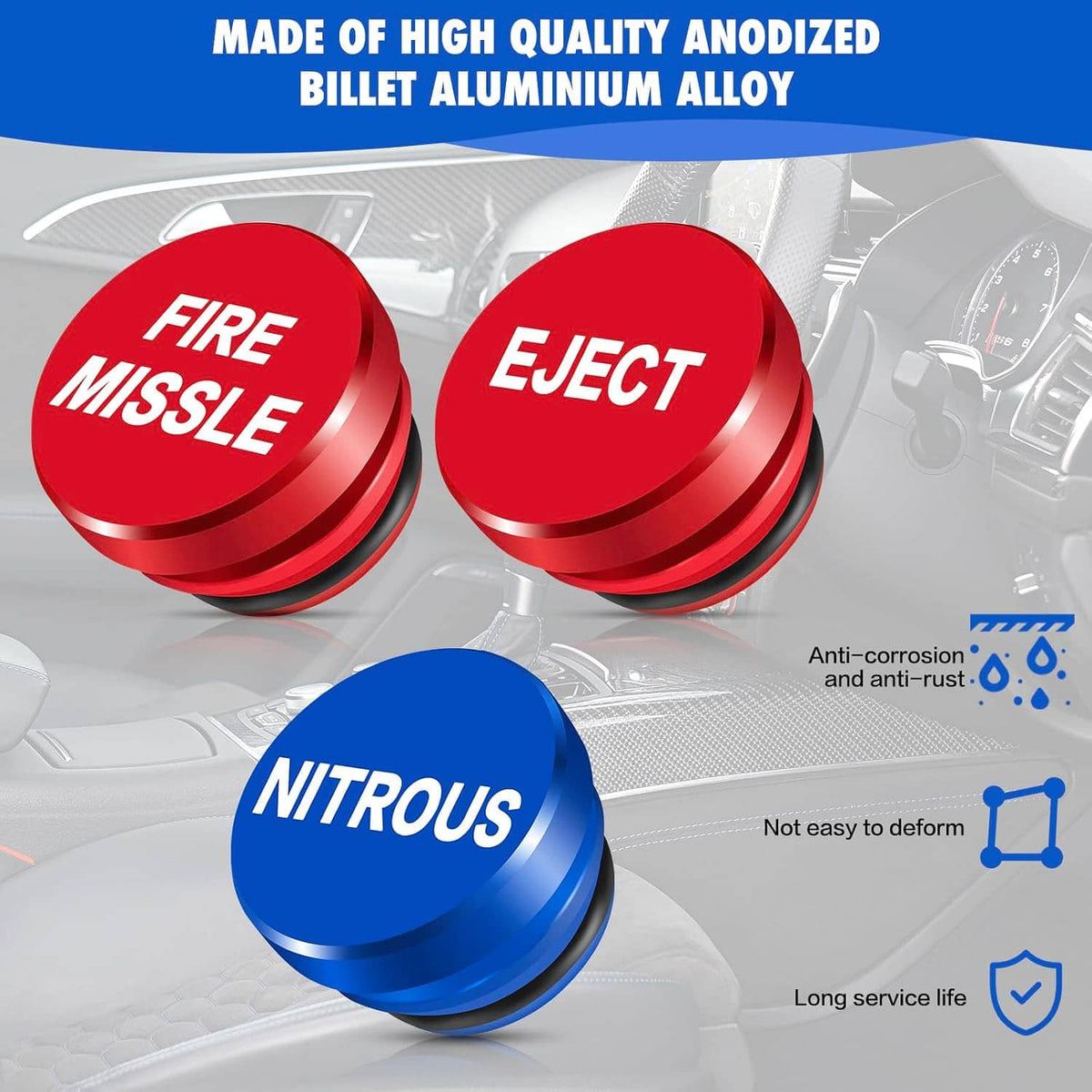Billet aluminum cigarette lighter covers: blue NITROUS, red FIRE MISSILE, red EJECT caps.