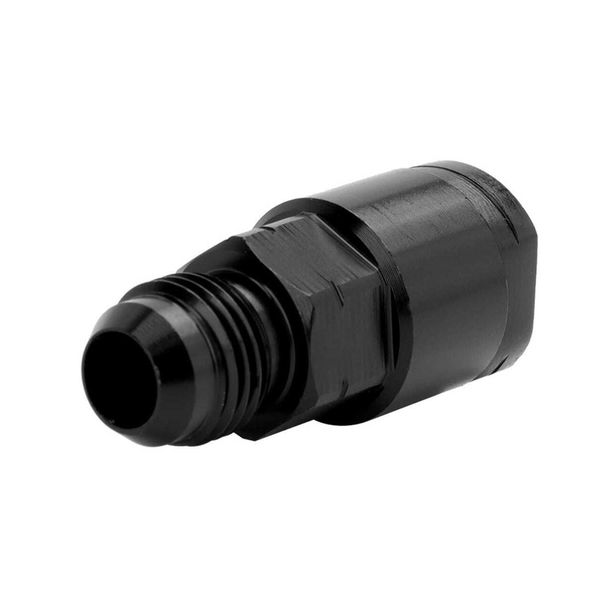 Black AN 8 fuel adapter fitting with threaded section and smooth quick-connect housing