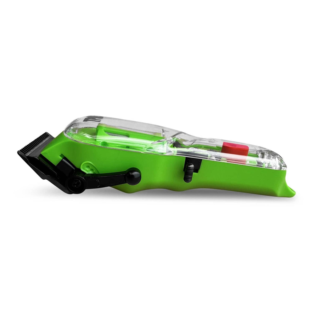 Green hair clipper with black cutting head and transparent blade cover