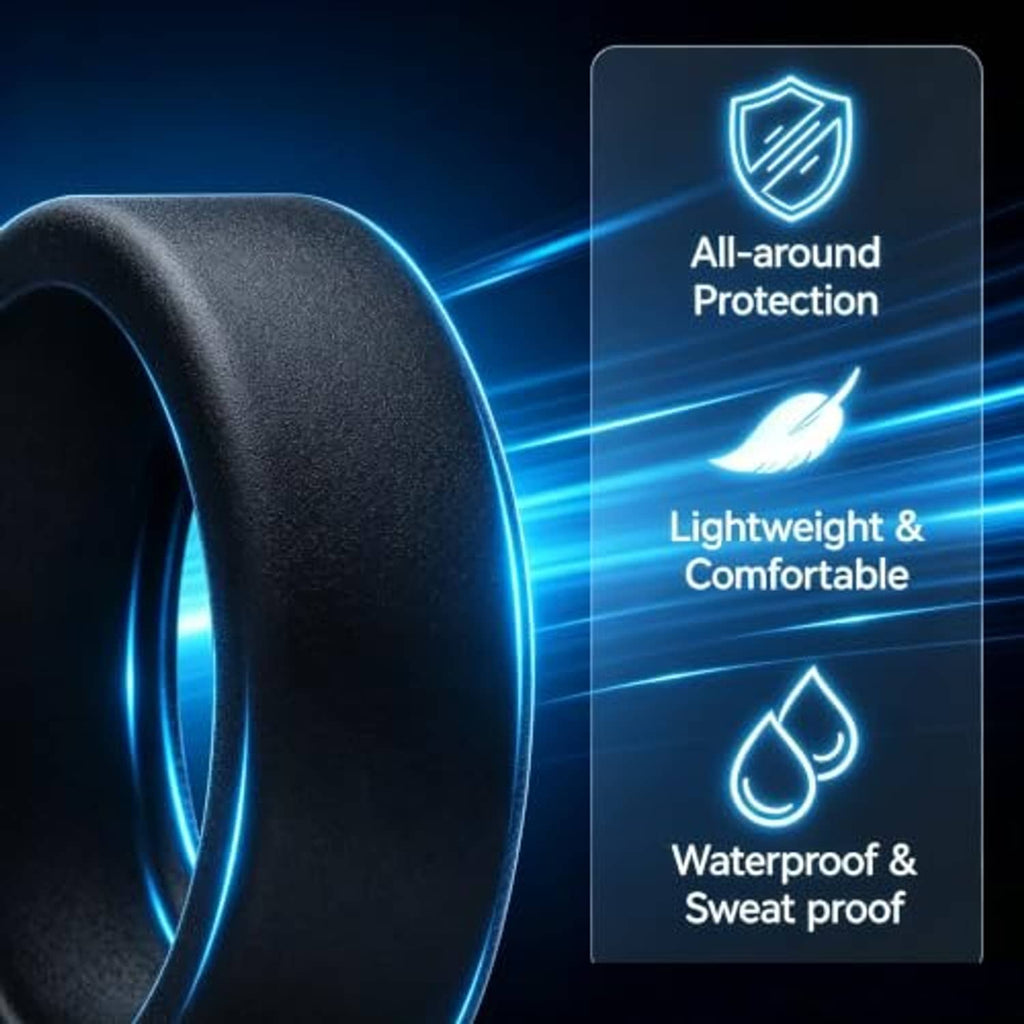 Black silicone case for Oura Ring 5 close-up, protection icons on product packaging