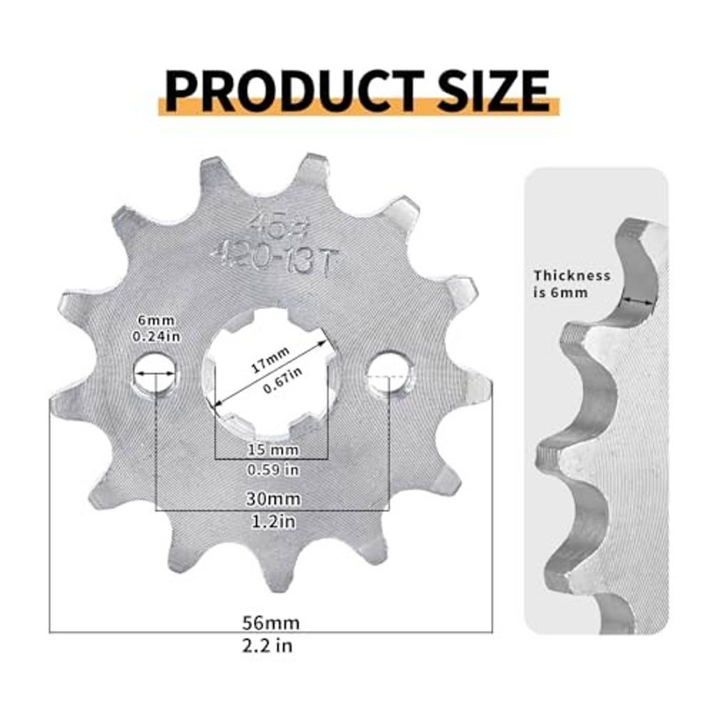 Motorcycle front sprocket size chart with 6mm thickness and hole diameter measurements