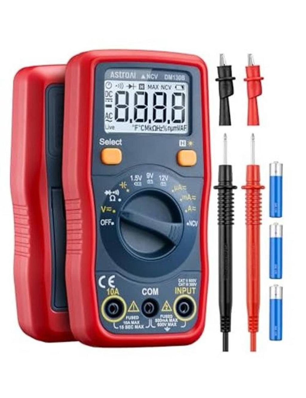 Digital battery voltmeter multimeter, red-and-black body with LCD screen and leads