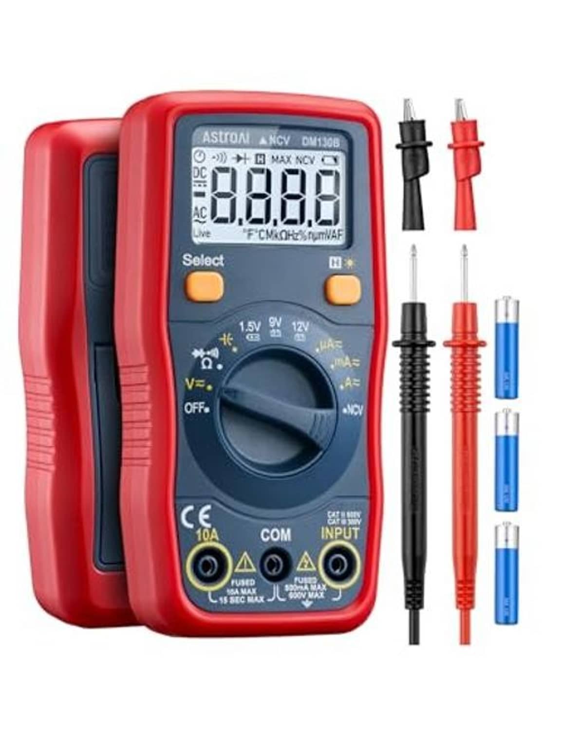 Digital battery voltmeter multimeter, red-and-black body with LCD screen and leads