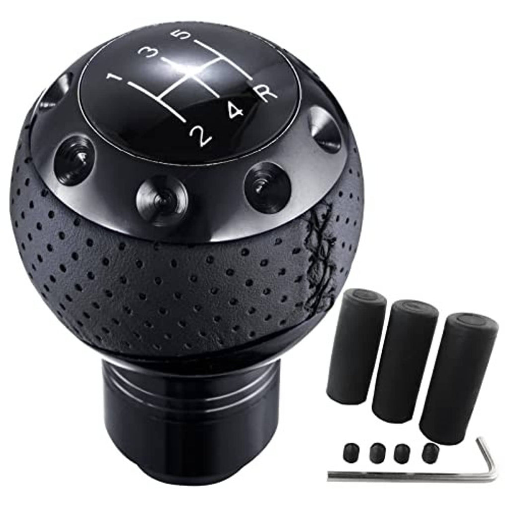 Black perforated leather-look gear shifter knob with shift numbers and metal base