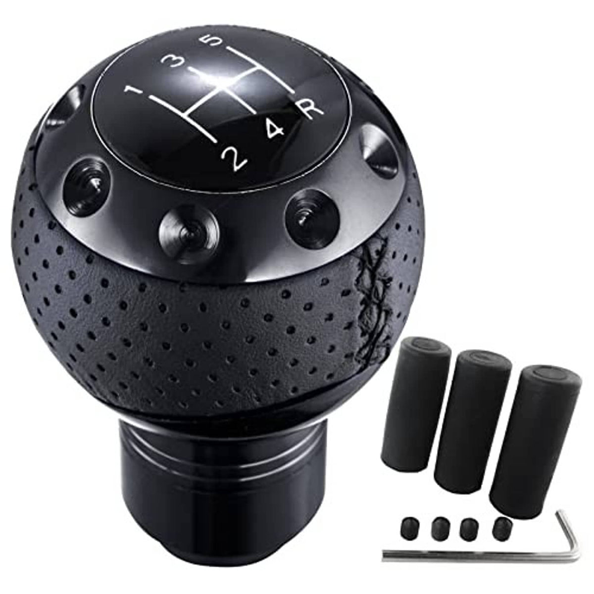Black perforated leather-look gear shifter knob with shift numbers and metal base