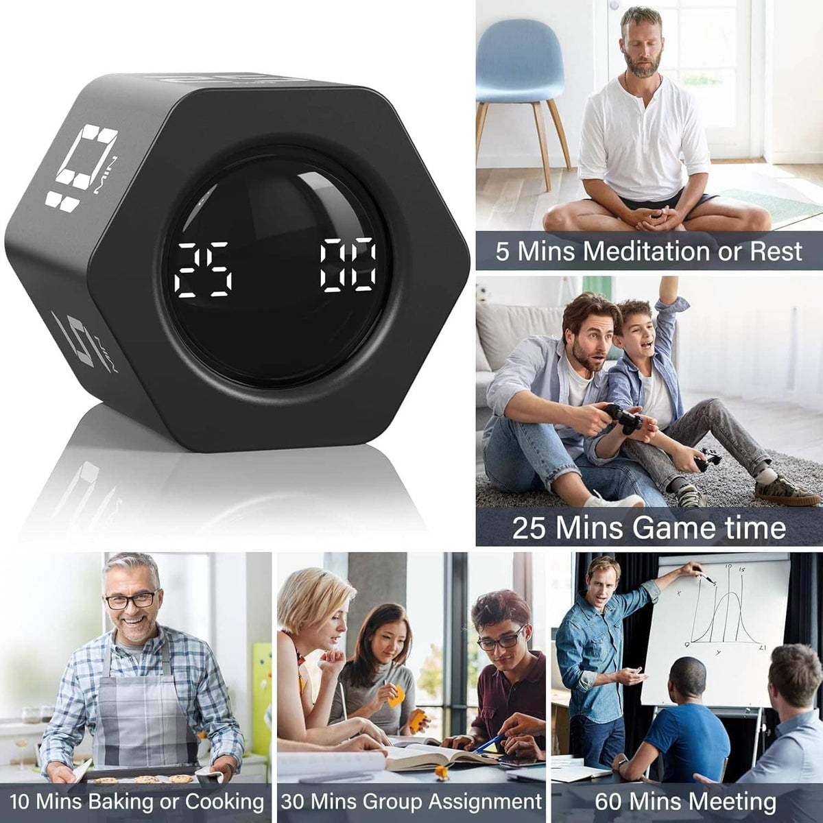 Black rotating pomodoro timer with circular screen showing glowing preset times