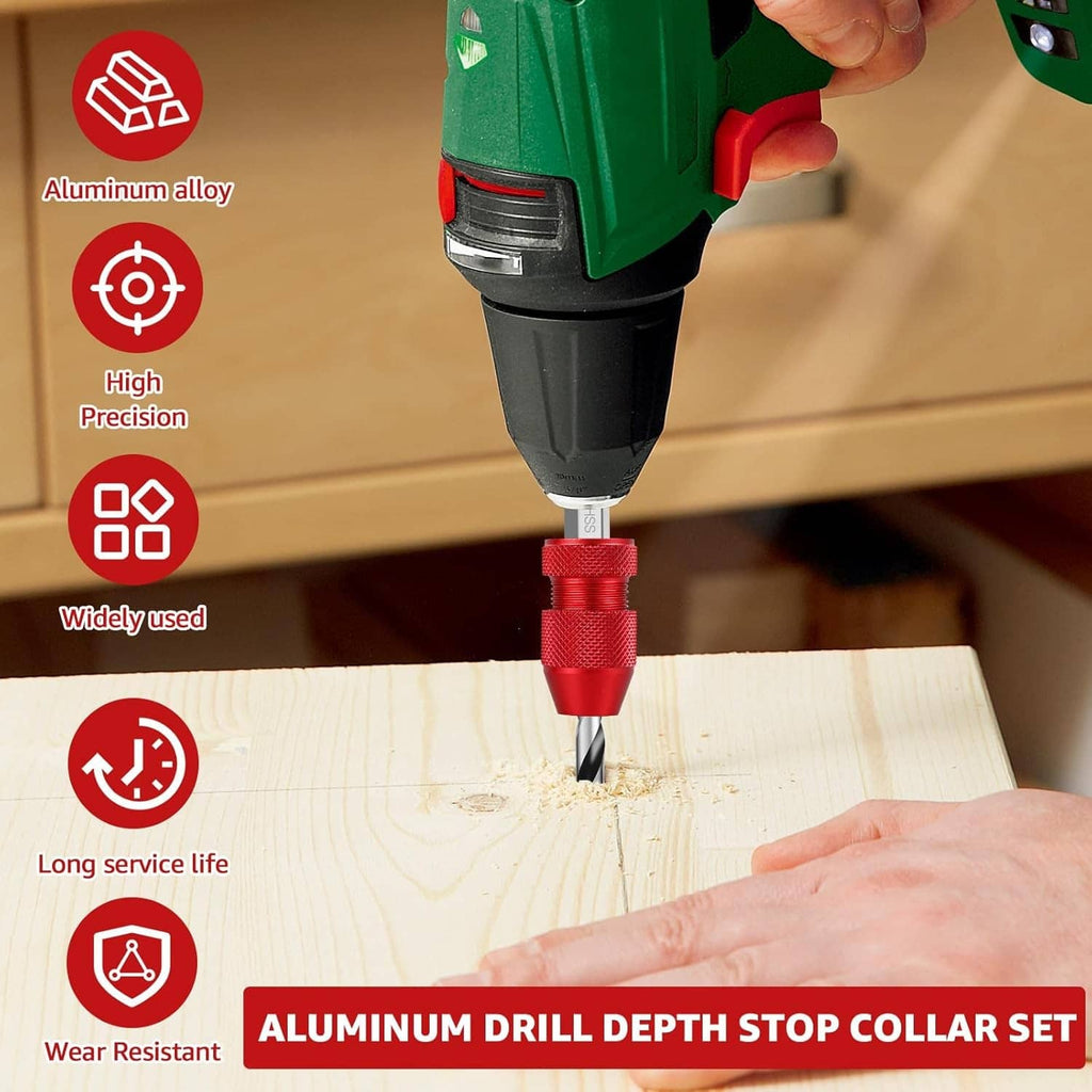 Red aluminum drill depth stop collar attached to a power drill bit