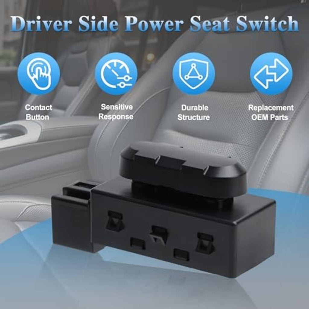 Black driver-side power seat switch with control buttons and connector base