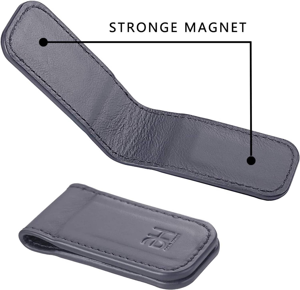 Grey leather magnetic money clip with EH logo, slim folded-card design