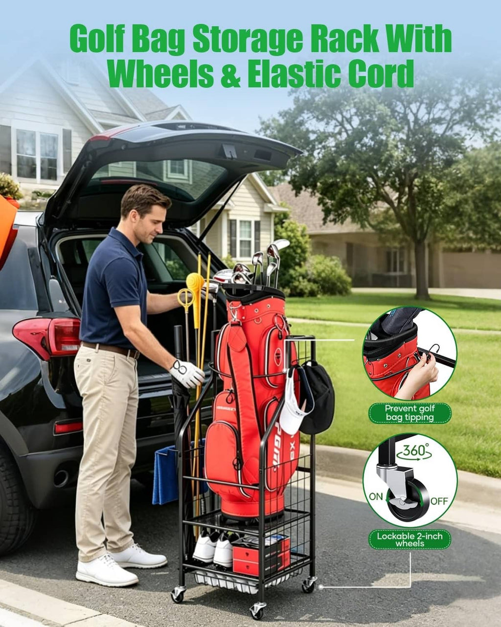 Golf bag storage rack with wheels and elastic cord for securing, red bag on black frame